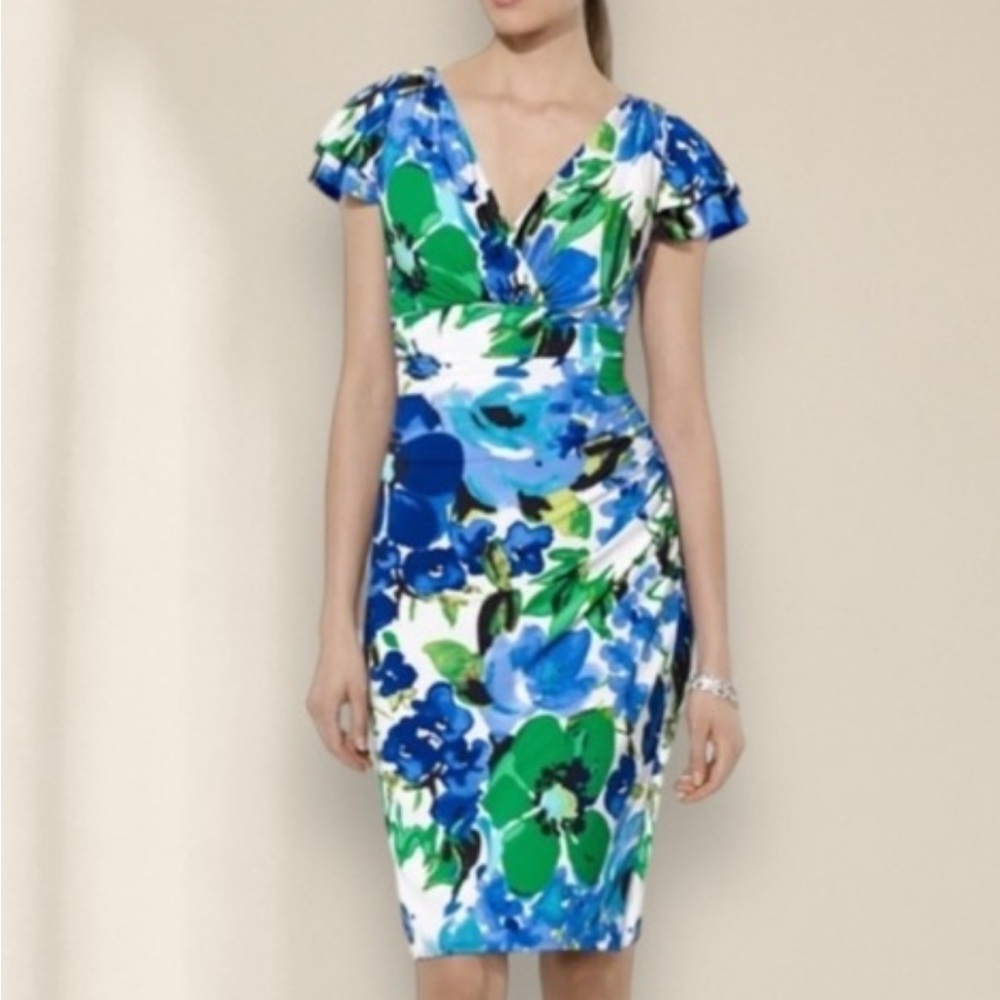 LAUREN BY RALPH LAUREN - Blue and Green Sheath Midi Dress with Flutter Sleeves